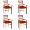 Dining Chairs 4 pcs with Red Cushions Solid Teak Wood
